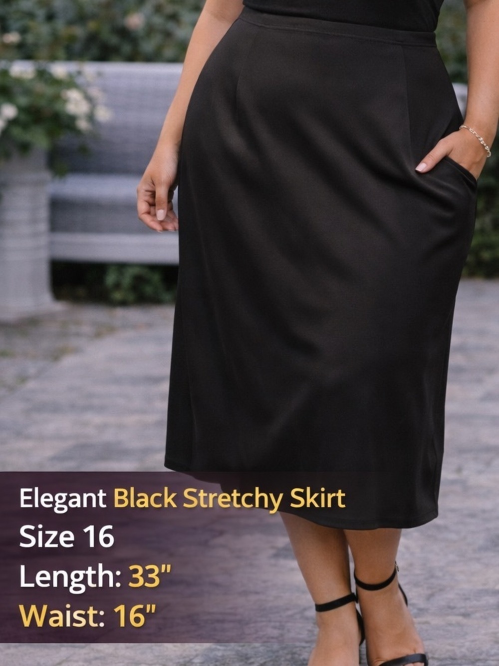 Elegant black stretchy Skirt size 16 length 33in waist 16in